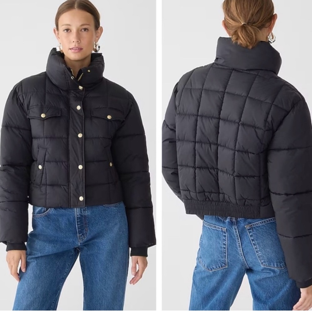 J. Crew Black Quilted Cropped Puffer Jacket with Gold Snaps